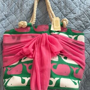 NWT Mud Pie Whale Sarong Along Vibrant Pink and Green Whale Tote Bag